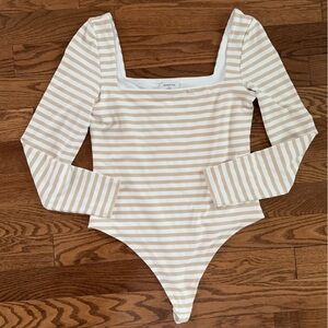 Babaton Beige and White Striped Long Sleeve Bodysuit XL